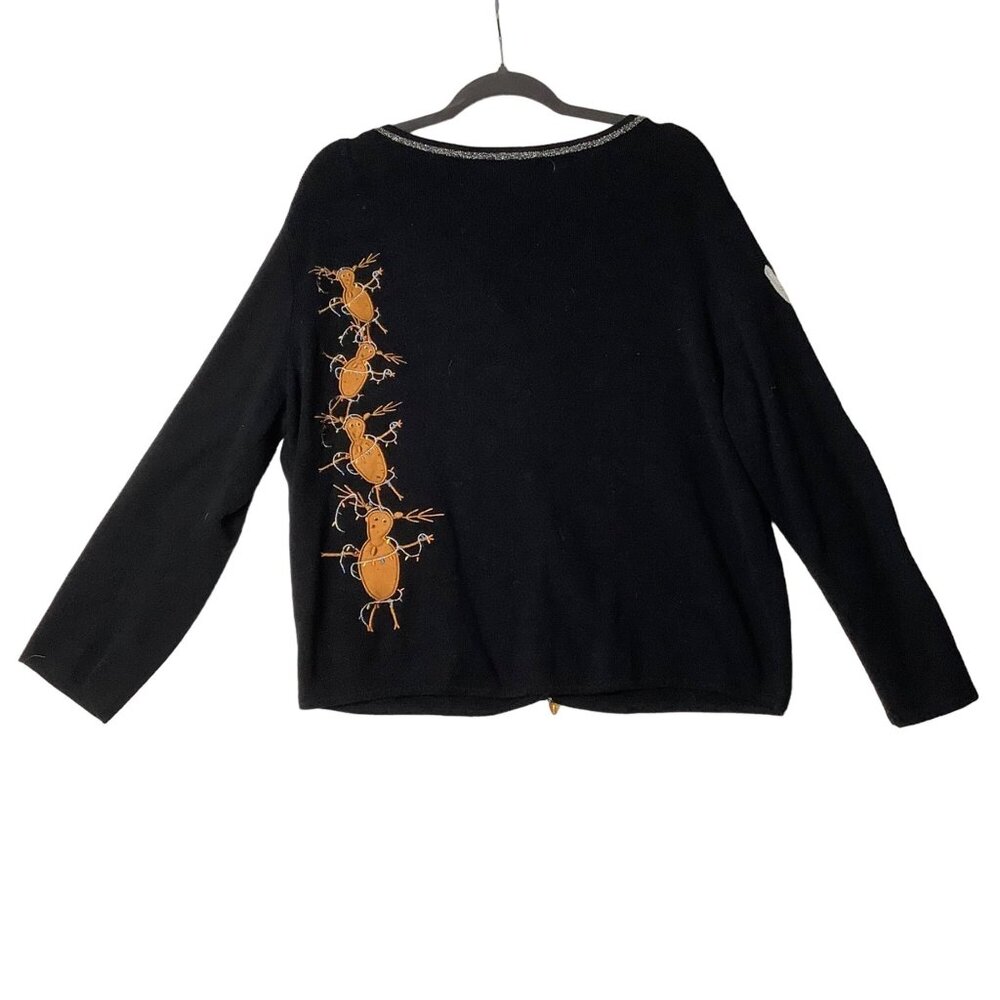 Vtg Erma's Closet Christmas Embroidered Reindeer Back Black‎ Cardigan Sweater XL